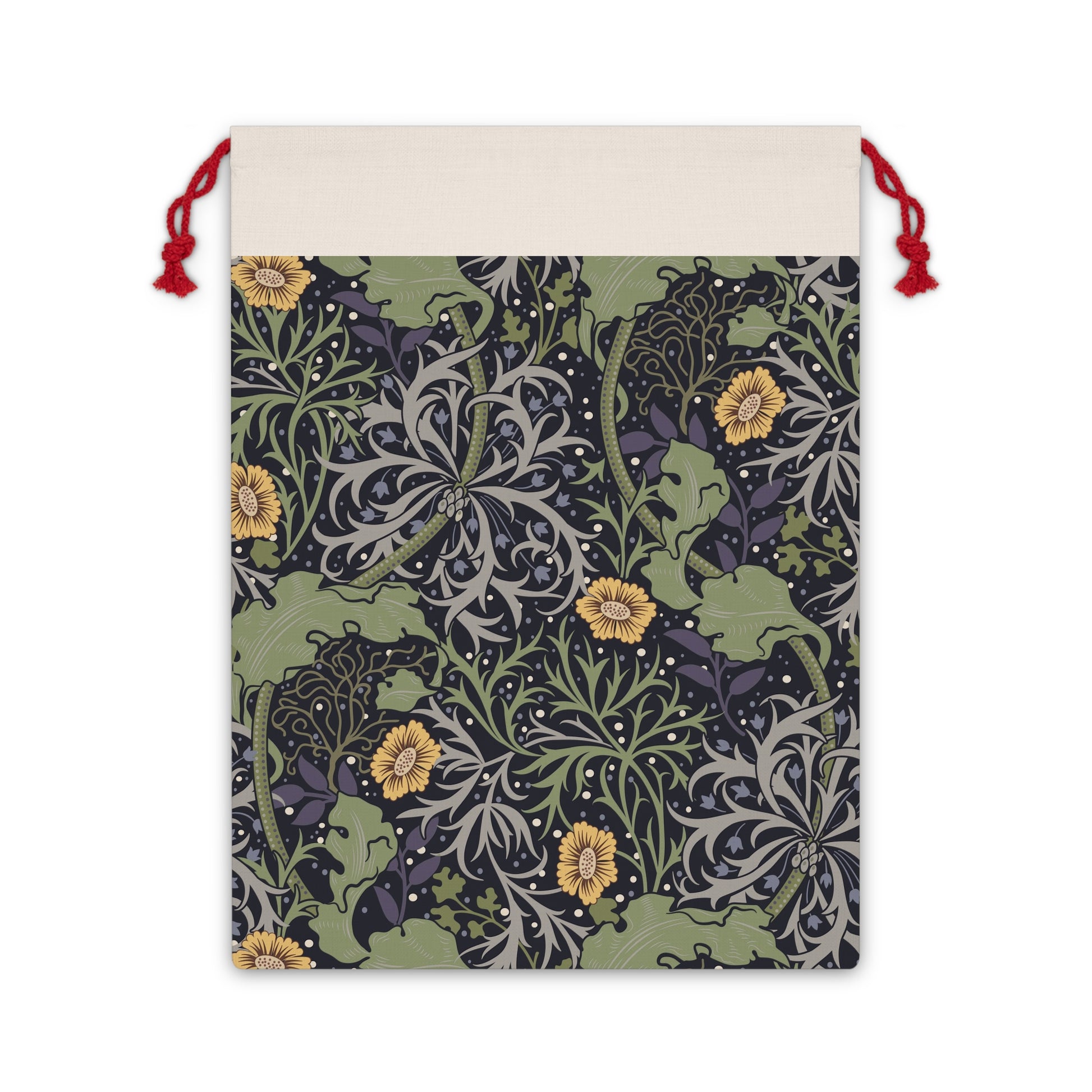 A Christmas Santa Sack with a yellow flower and seaweed pattern, inspired by William Morris, with red drawstrings.