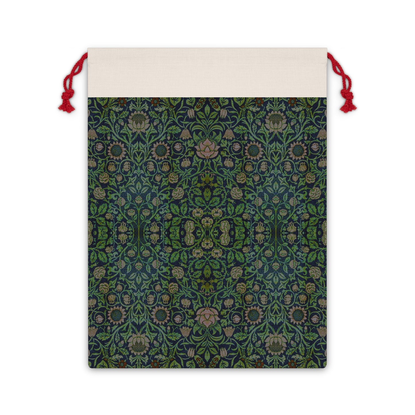 A green Christmas gift bag with a floral pattern inspired by the William Morris Violet and Columbine Collection, featuring a red drawstring.