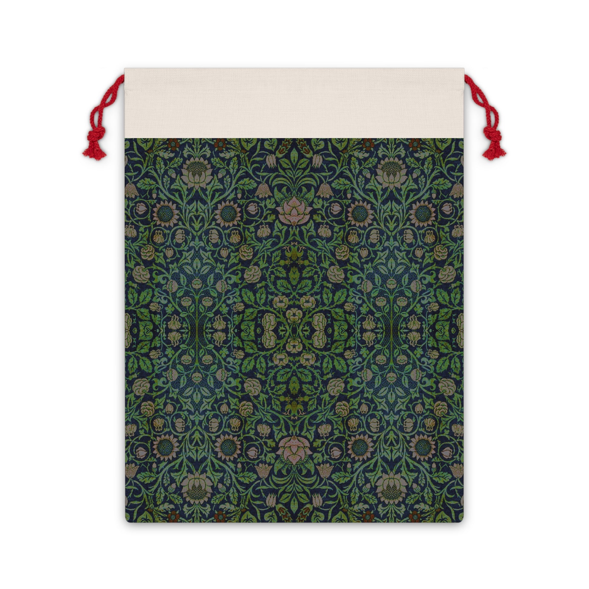 A green Christmas gift bag with a floral pattern inspired by the William Morris Violet and Columbine Collection, featuring a red drawstring.