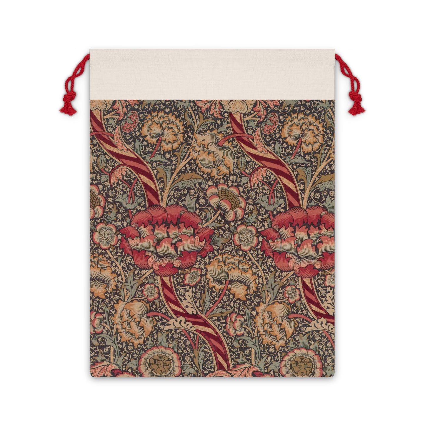 A rectangular Christmas Santa sack with a floral pattern inspired by William Morris - Wandle Collection in red, green, and beige colors, featuring a polyester drawstring at the top.