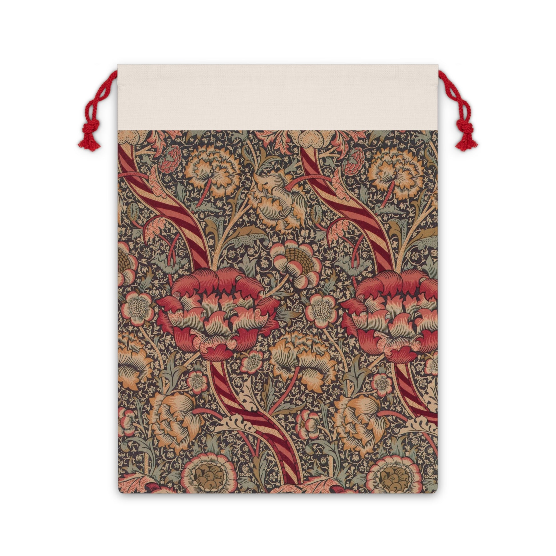 A rectangular Christmas Santa sack with a floral pattern inspired by William Morris - Wandle Collection in red, green, and beige colors, featuring a polyester drawstring at the top.