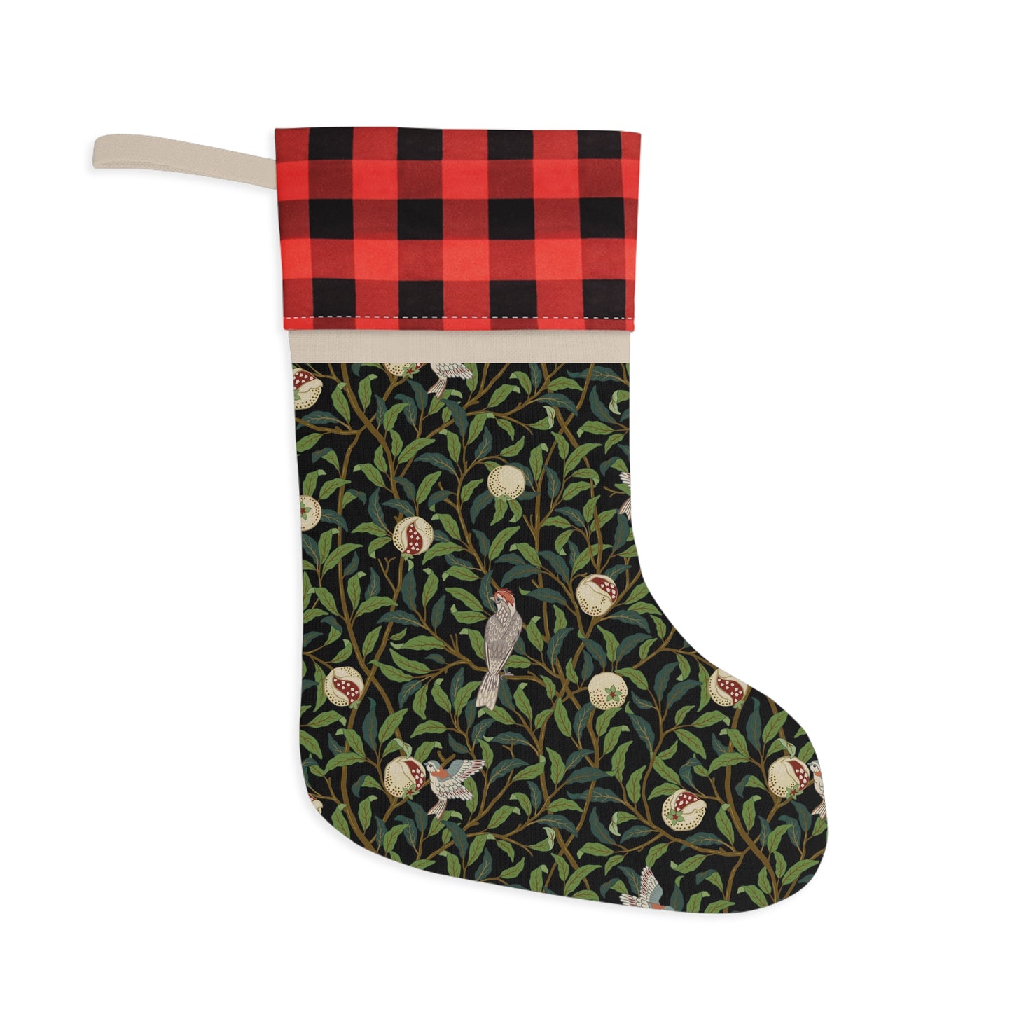 A Christmas stocking with a floral and bird design, featuring a black and white plaid pattern at the top and a wood loop for hanging.