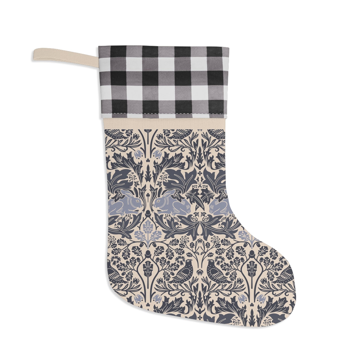 Decorative stocking with black and white checkered top and floral patterned bottom on a white background