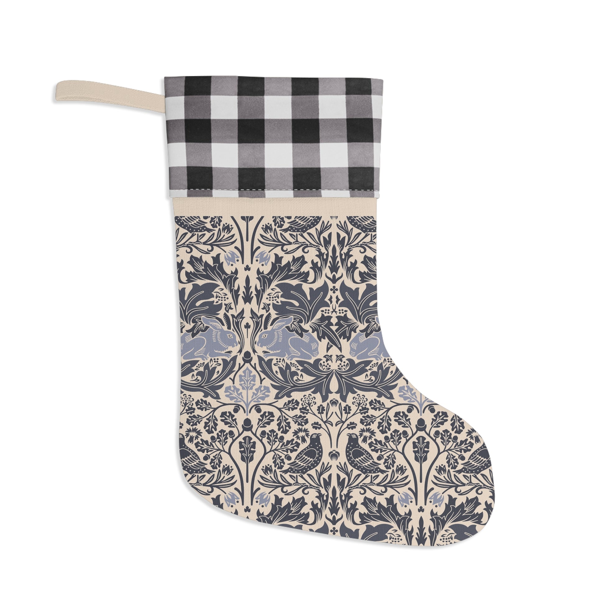 Decorative stocking with black and white checkered top and floral patterned bottom on a white background