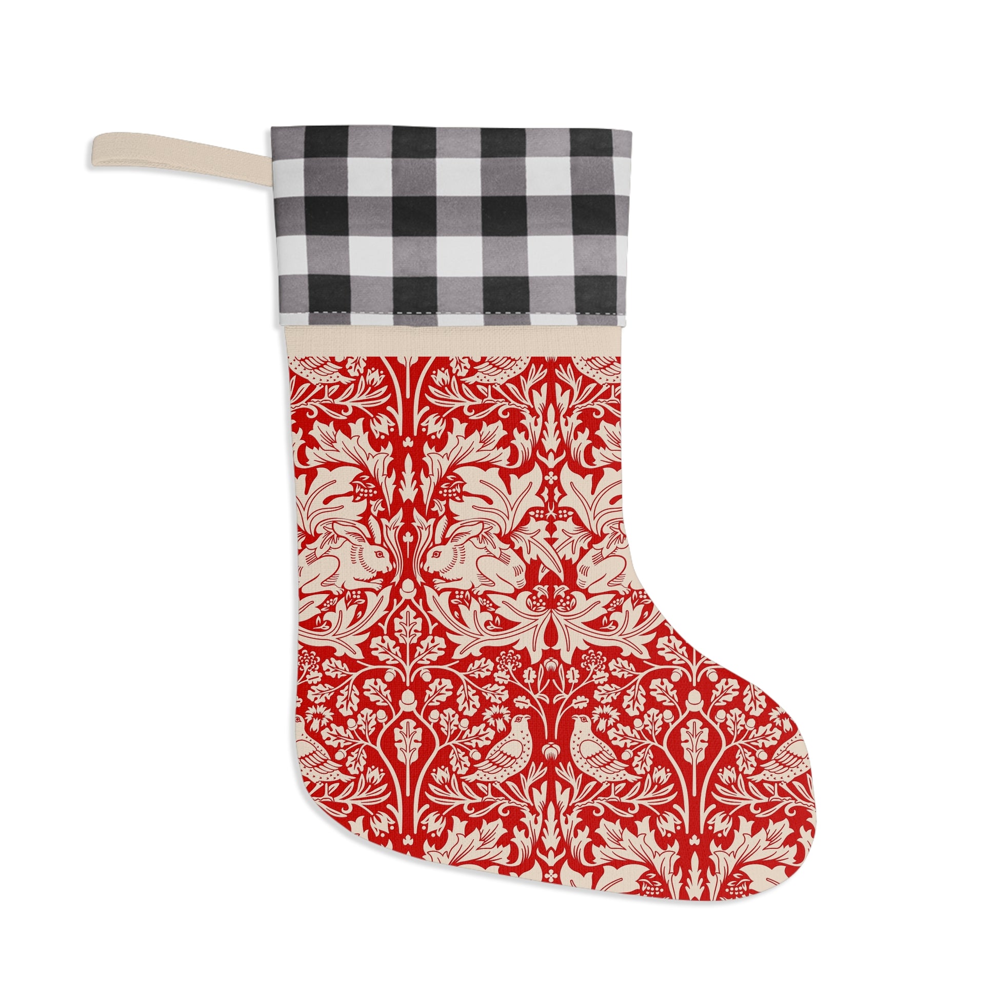 Decorative red and white stocking with a black and white checkered top on a white background
