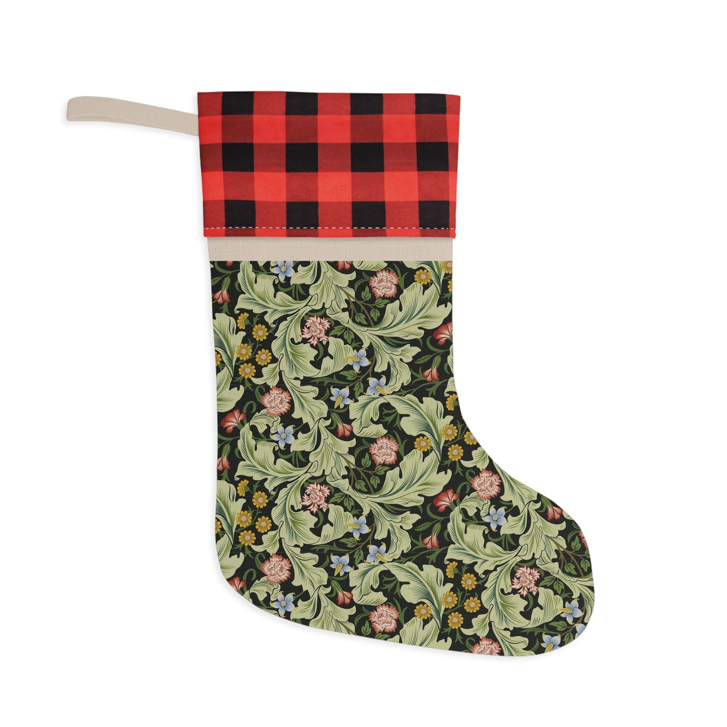 A one-sided printed Christmas stocking with a floral design, featuring a red and black plaid top cuff and a green body.
