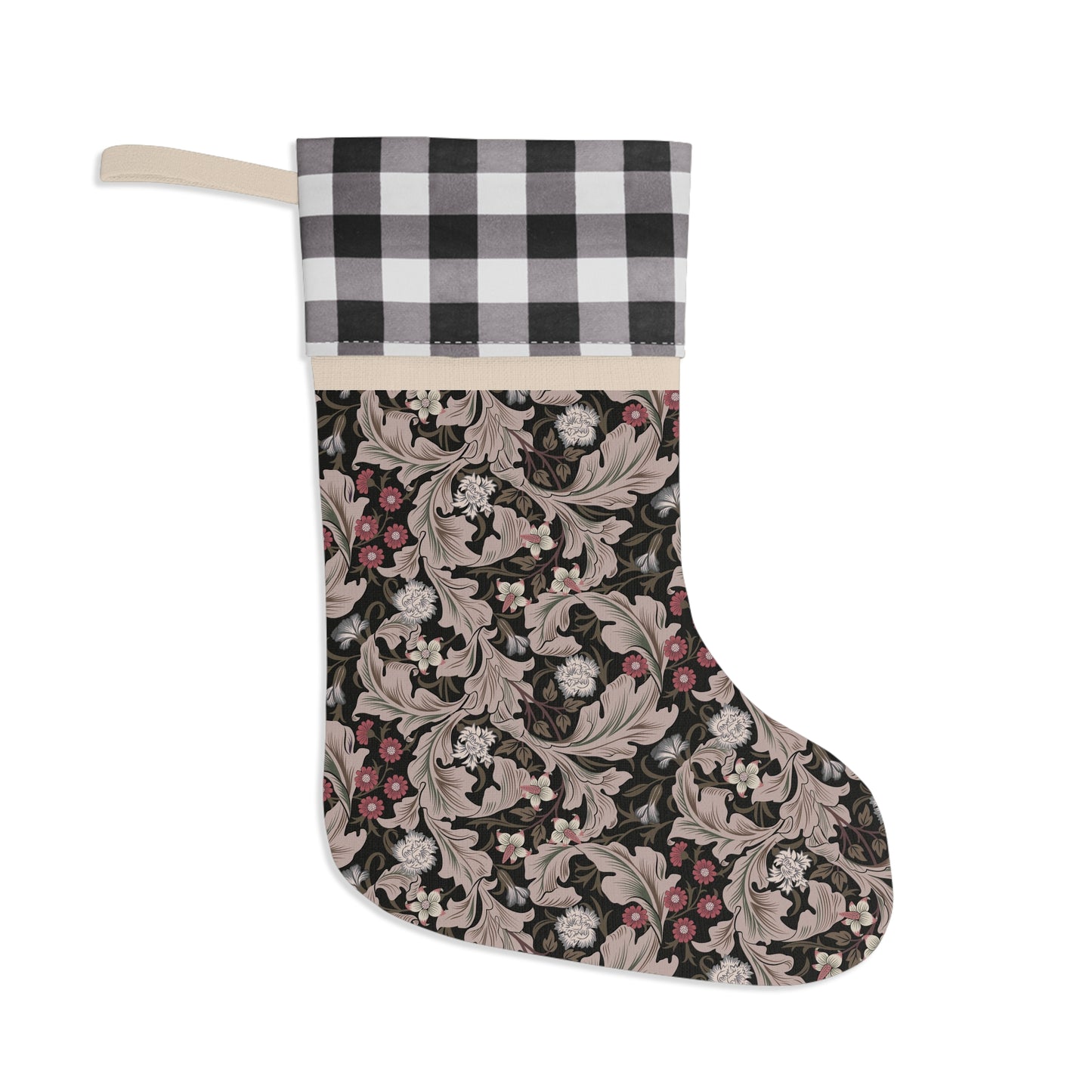 A Christmas stocking with a floral pattern in a red and black or white and black checkered design, featuring a wooden hanging loop.