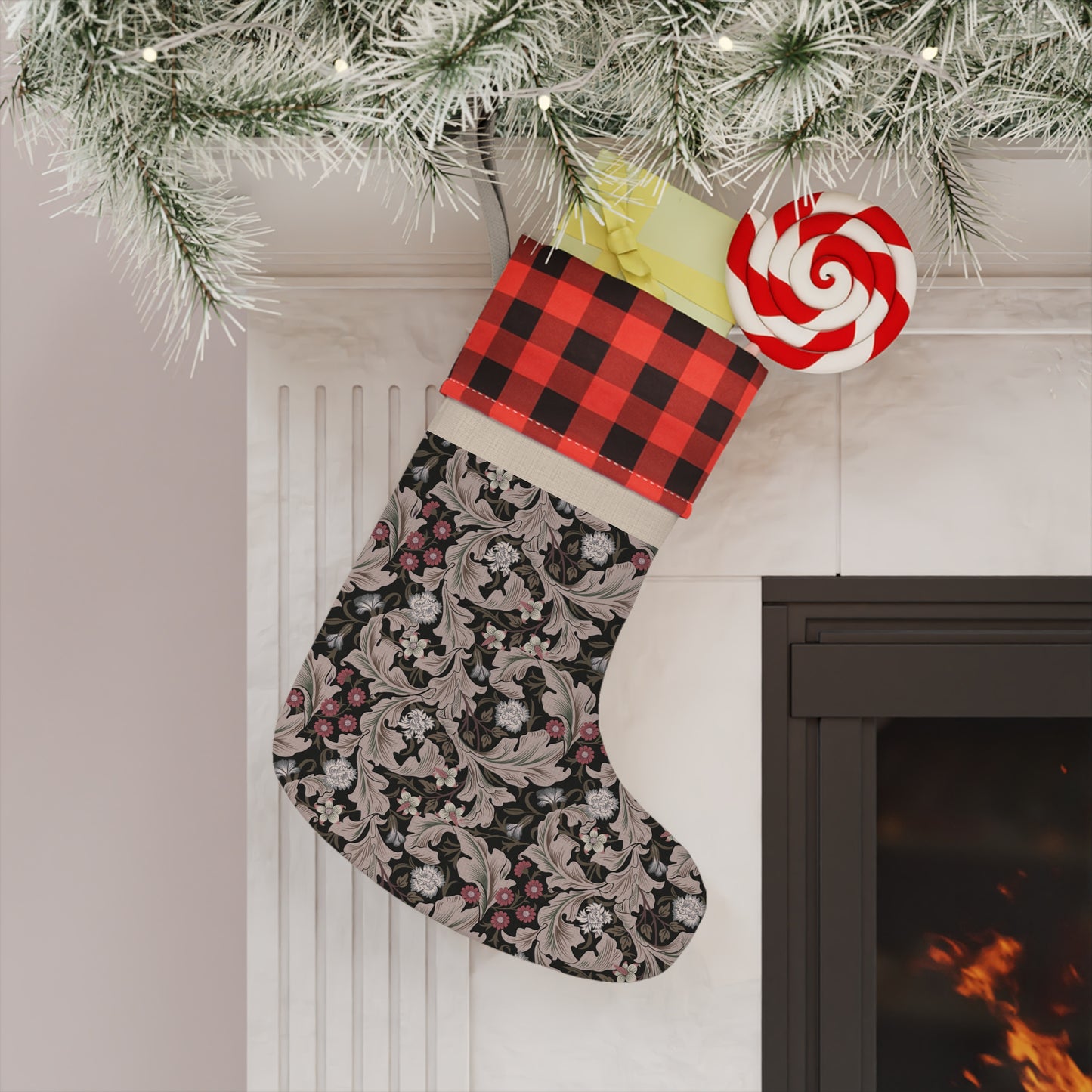 A Christmas stocking with a floral pattern in a red and black or white and black checkered design, featuring a wooden hanging loop.