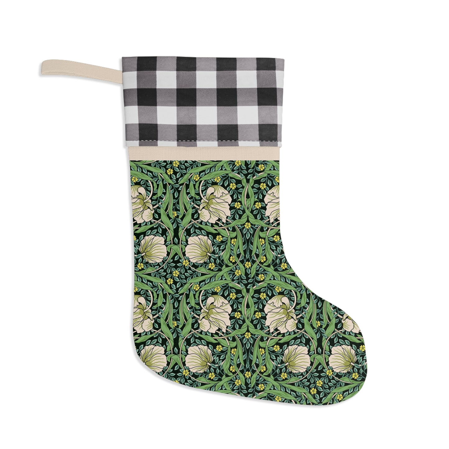A one-sided print Christmas stocking with a floral pattern in green, black, and white colours, featuring a polyester plaid design on top cuff.