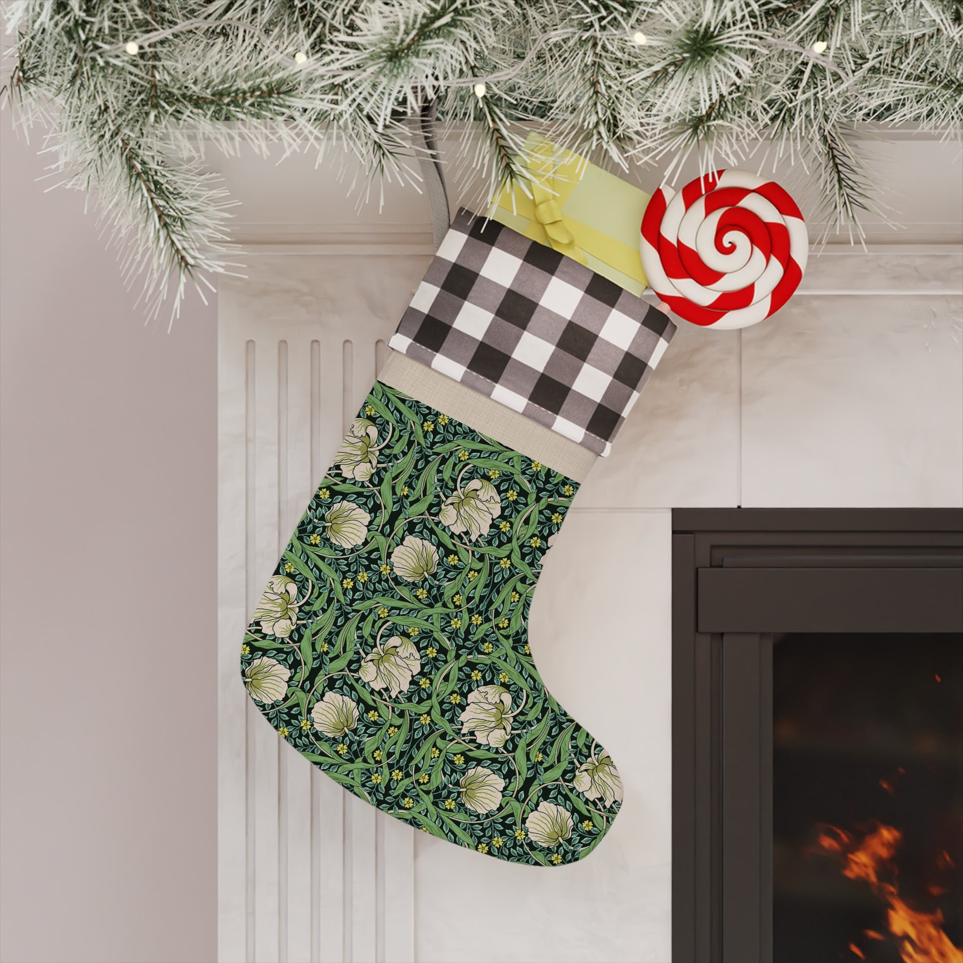 A one-sided print Christmas stocking with a floral pattern in green, black, and white colours, featuring a polyester plaid design on top cuff.