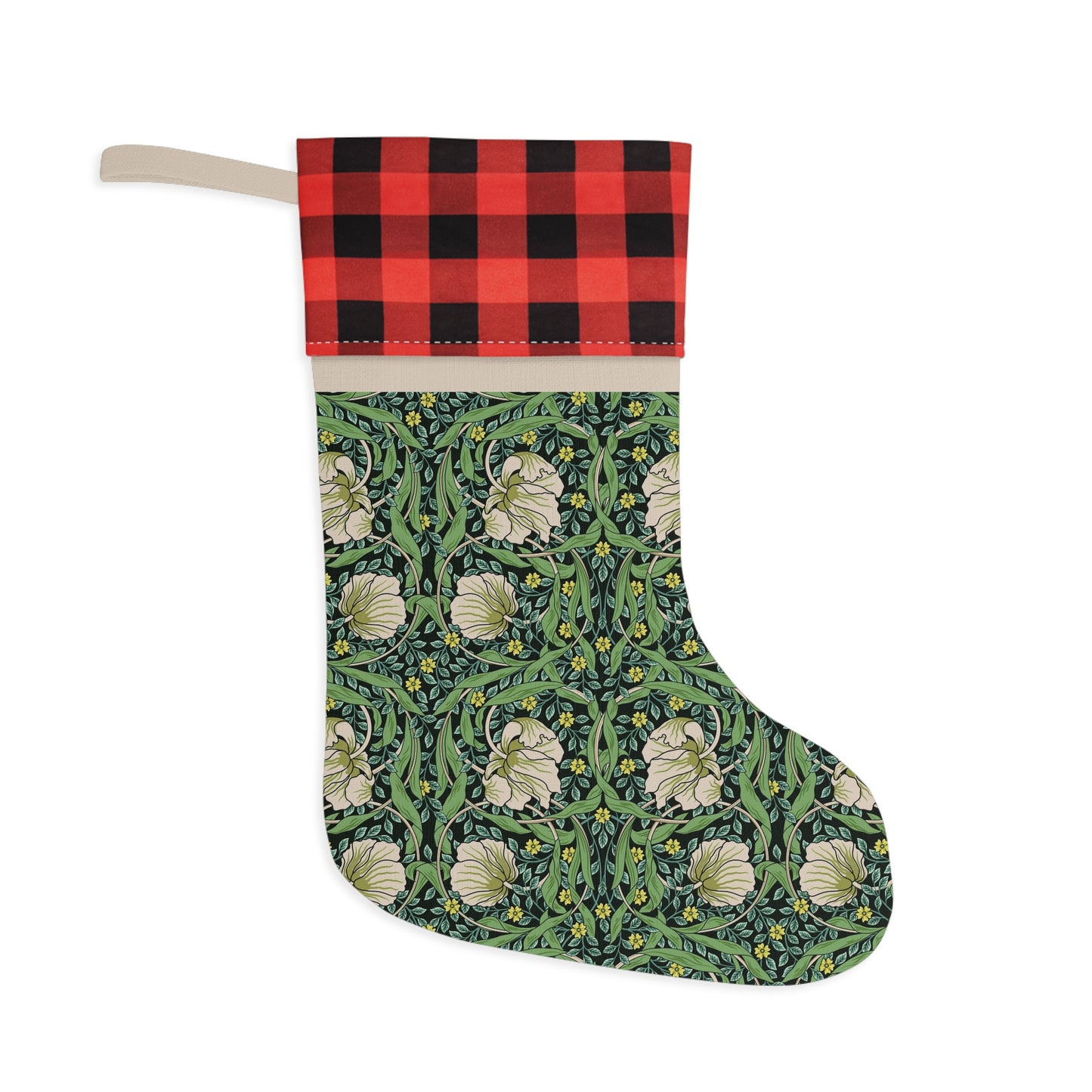 A one-sided print Christmas stocking with a floral pattern in green, black, and white colours, featuring a polyester plaid design on top cuff.