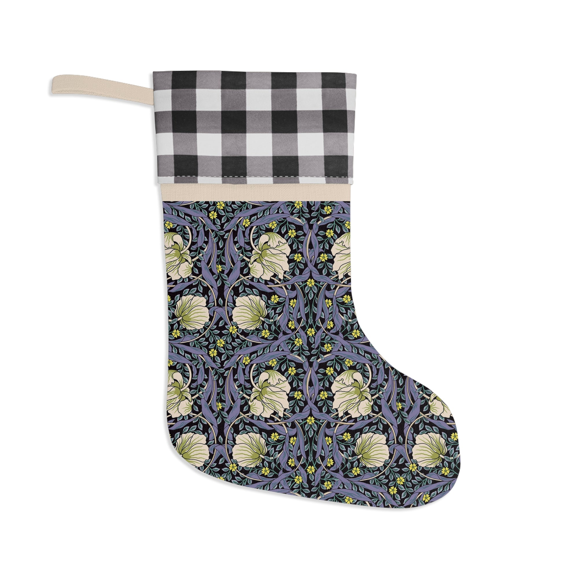 A one-sided printed Christmas stocking with a floral pattern in shades of purple, beige, and black, featuring a linen boot with a polyester plaid design top cuff.