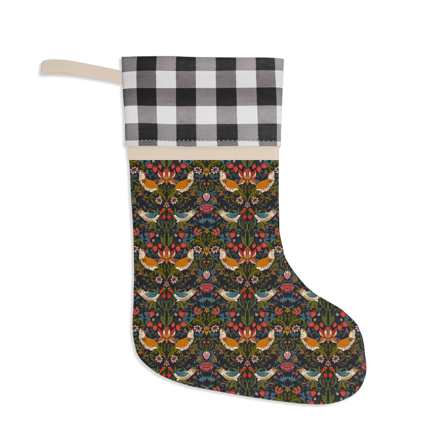 A Christmas stocking with a plaid pattern on the cuff and a print of birds on a dark background, with a hanging loop at the top.