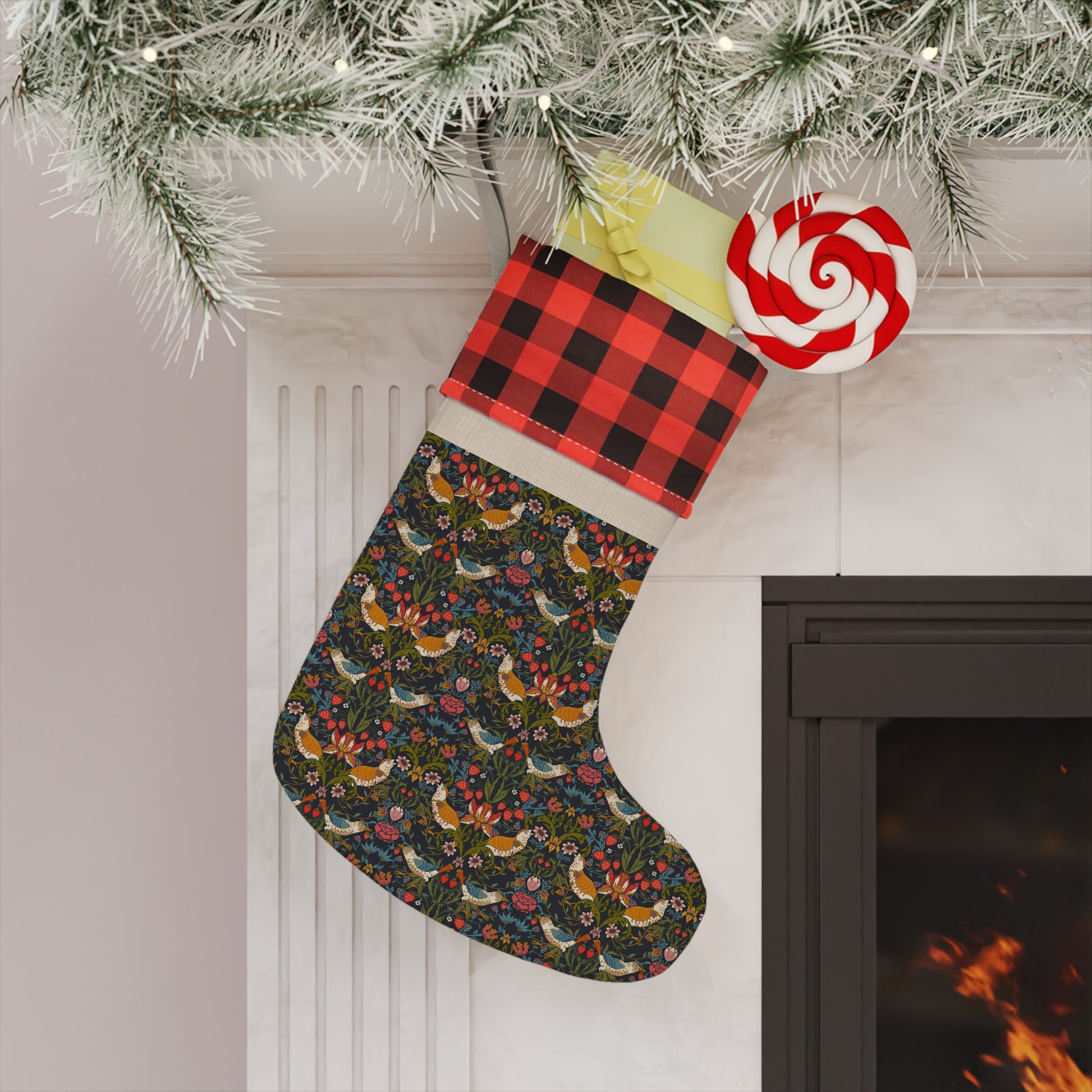 Christmas stocking with a festive design hanging by a fireplace.