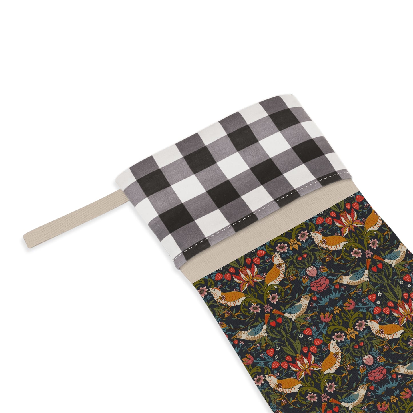 Fabric pouch with checkered top and nature-themed bottom on a white background