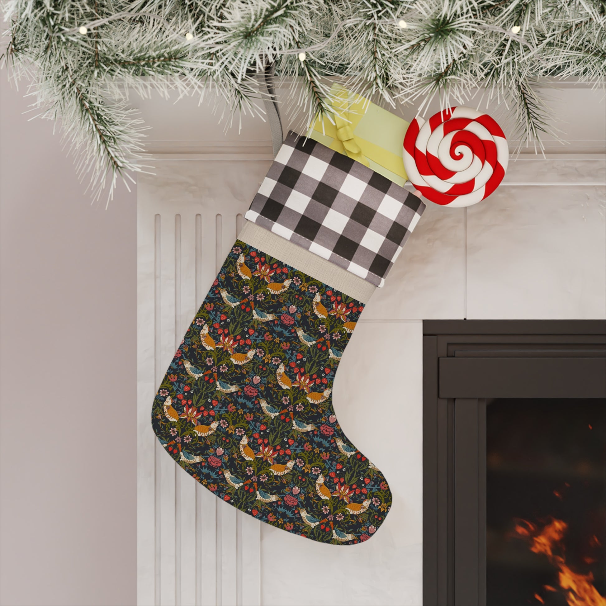 Decorative Christmas stocking with a festive design hanging by a fireplace.