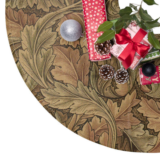 Decorative wreath with Christmas ornaments on a patterned surface