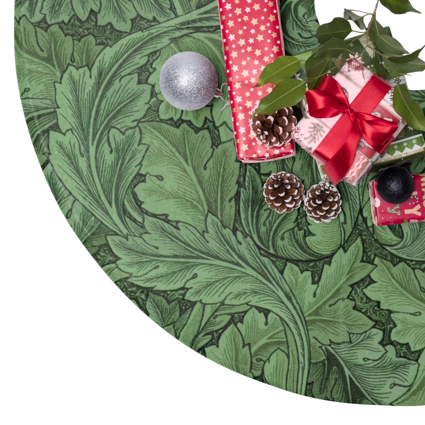 Decorative green wreath with Christmas ornaments and presents on a white background