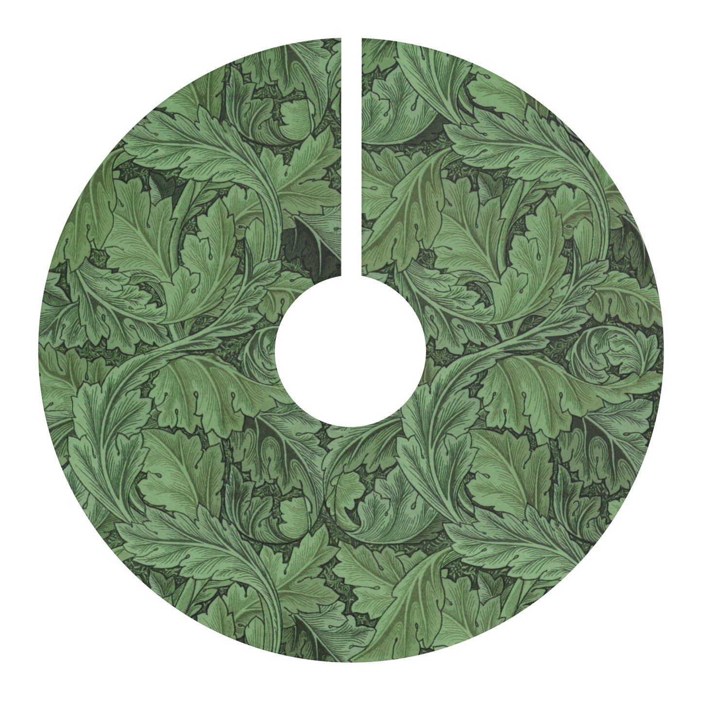 Green leaf patterned tree skirt on a white background