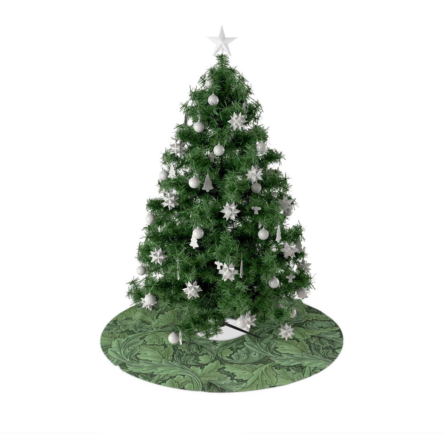 Decorated Christmas tree with green base on a white background