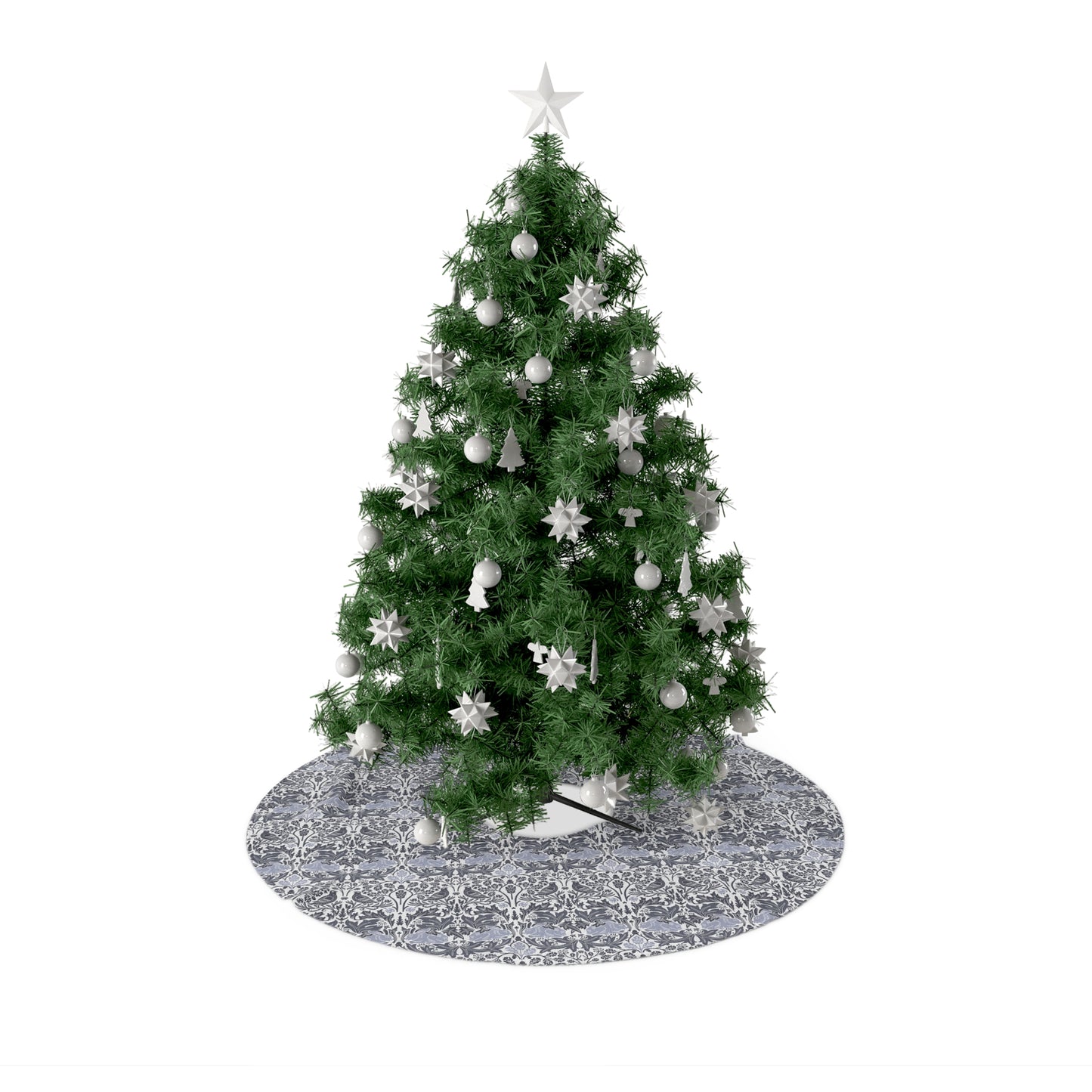 Decorated Christmas tree with white ornaments on a white background