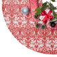 Decorative red and white patterned tablecloth with Christmas decorations on a white background