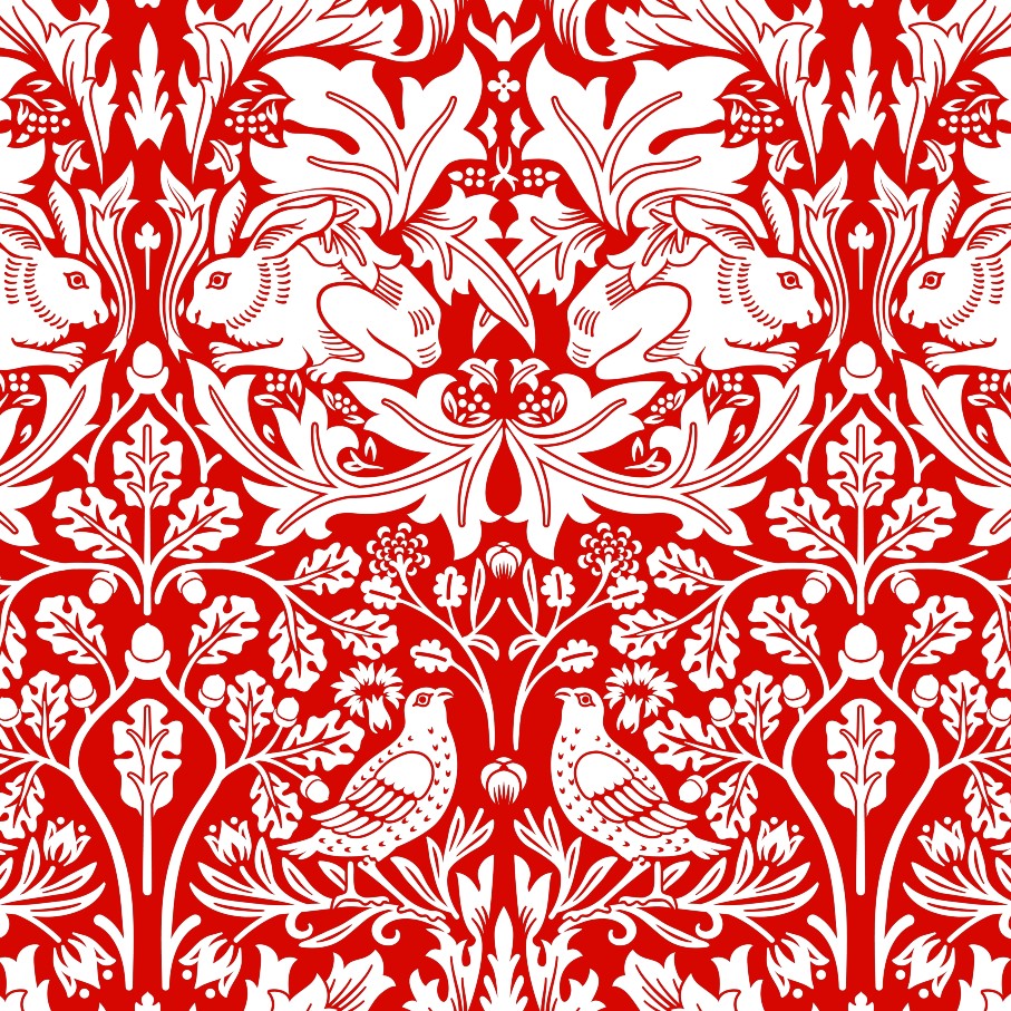 Decorative pattern with white animals and foliage on a red background