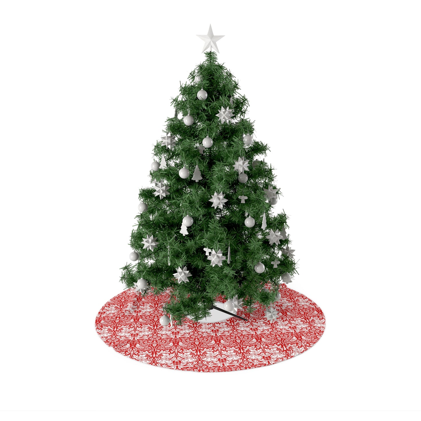 Decorated Christmas tree with a red and white patterned base on a white background