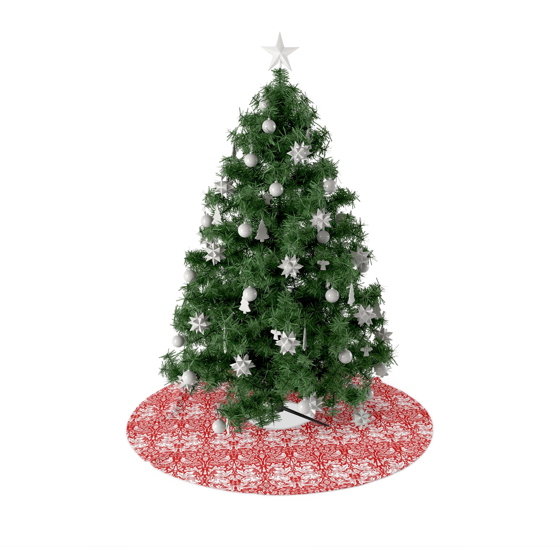 Decorated Christmas tree with a red and white patterned base on a white background