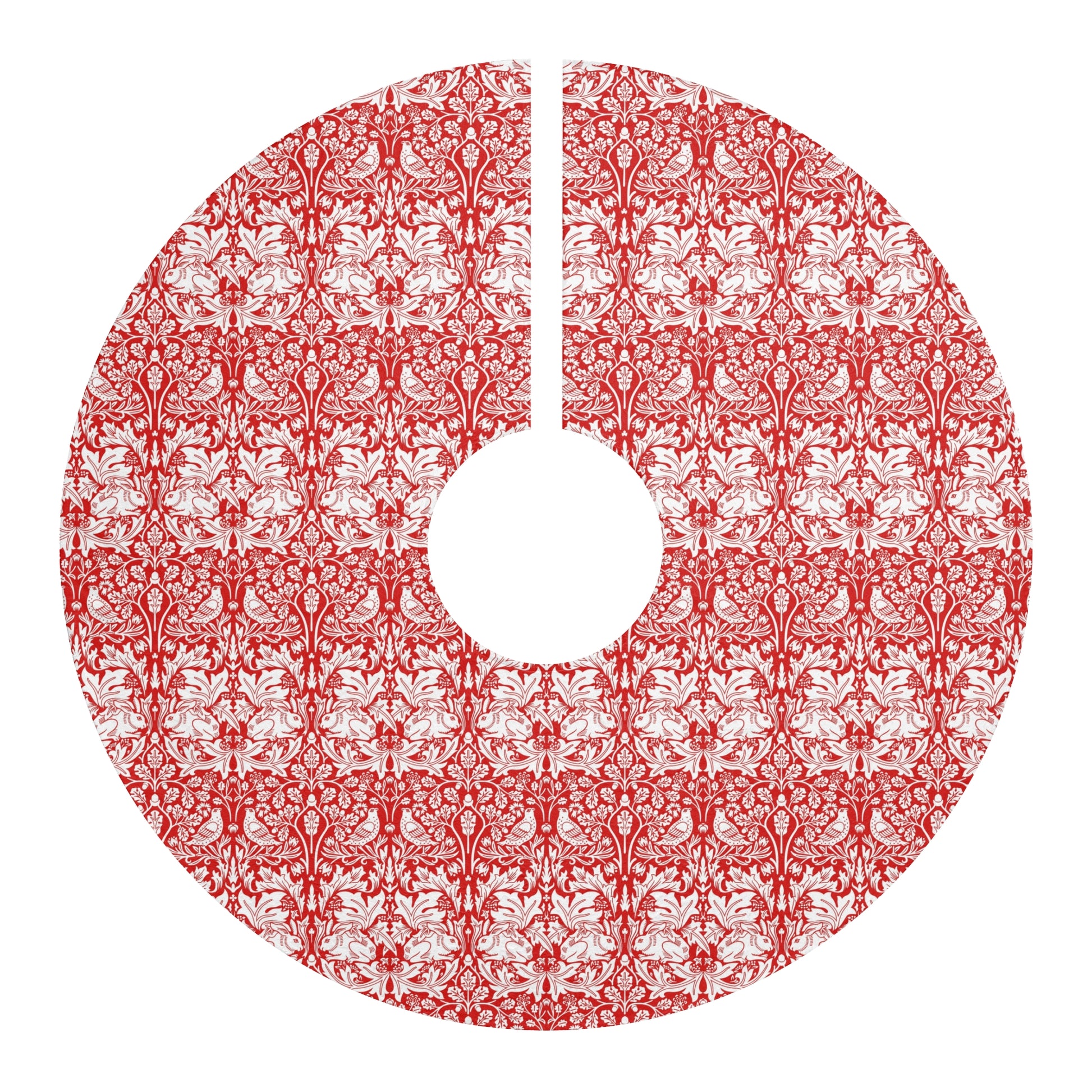 Red and white patterned Christmas tree skirt on a white background