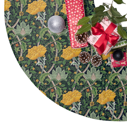 Decorative Christmas tree skirt with floral pattern and gift boxes on a white background