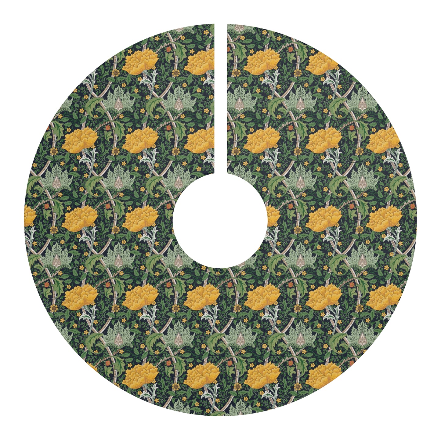 Round tree skirt with yellow floral pattern on a green background