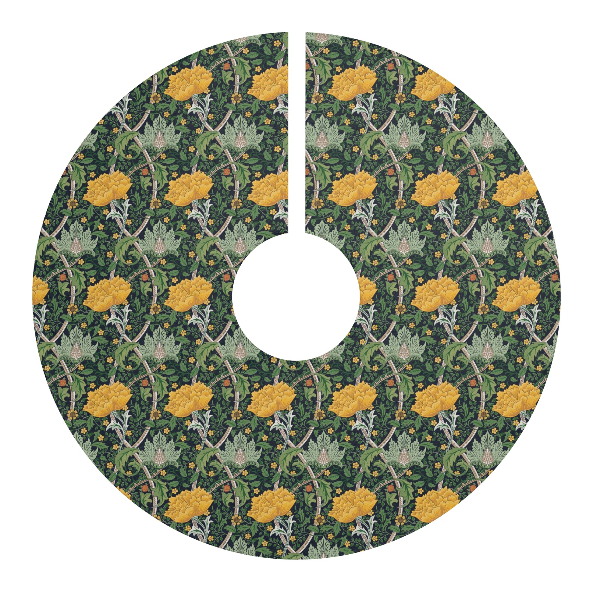Round tree skirt with yellow floral pattern on a green background