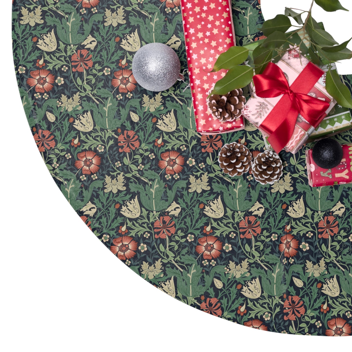 Christmas Tree Skirt  by William Morris & Co in a floral pattern called Compton Collection (Hill Cottage) with blue, green and red