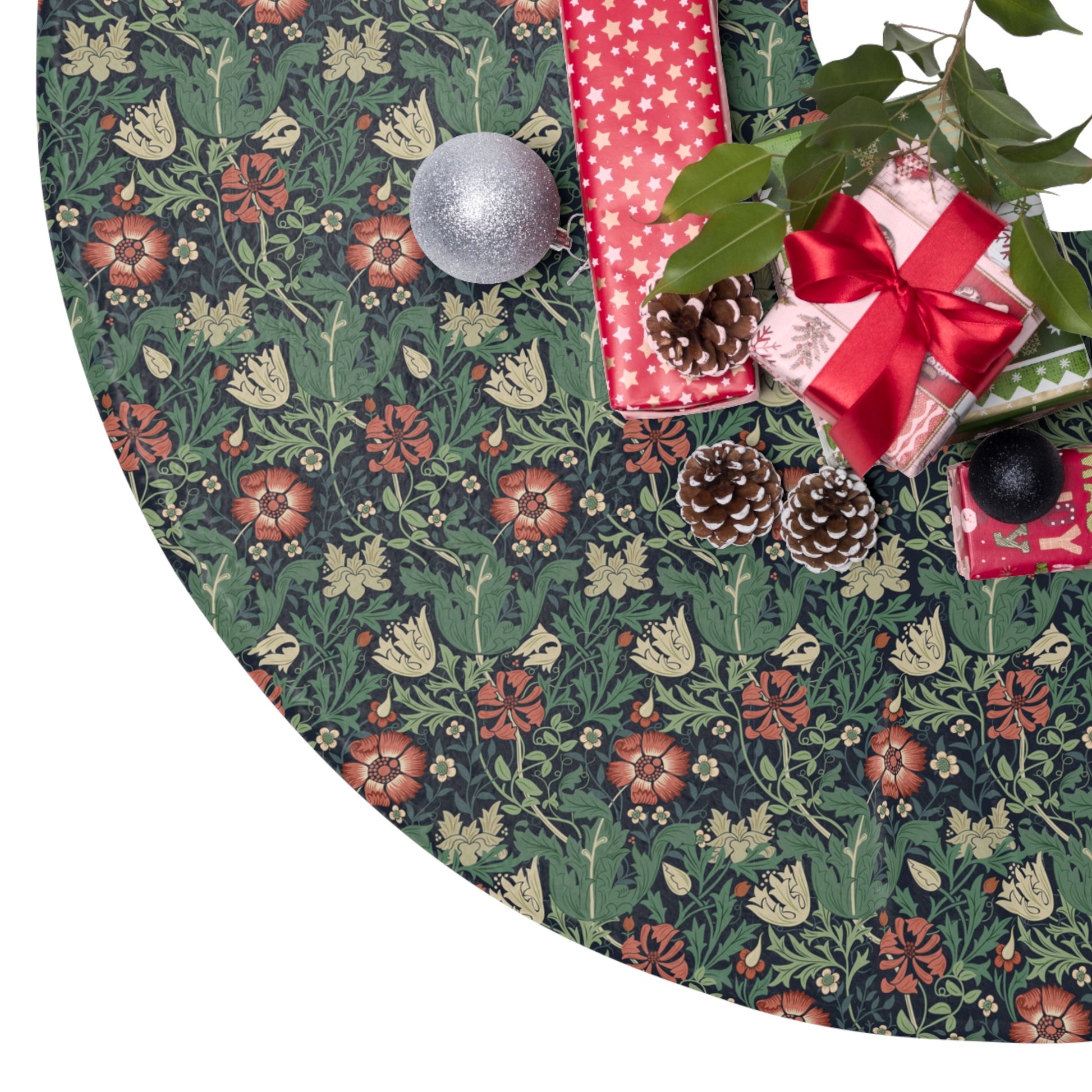 Christmas Tree Skirt  by William Morris & Co in a floral pattern called Compton Collection (Hill Cottage) with blue, green and red