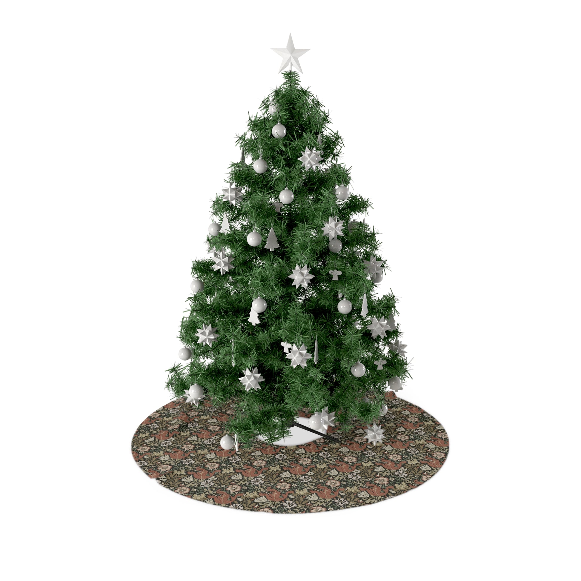 A Christmas tree skirt with a floral pattern, placed under a decorated Christmas tree.