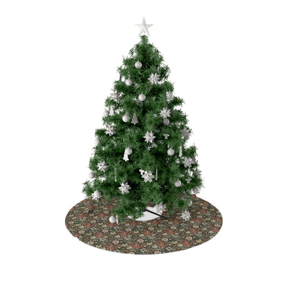A Christmas tree skirt with a floral pattern, placed under a decorated Christmas tree.