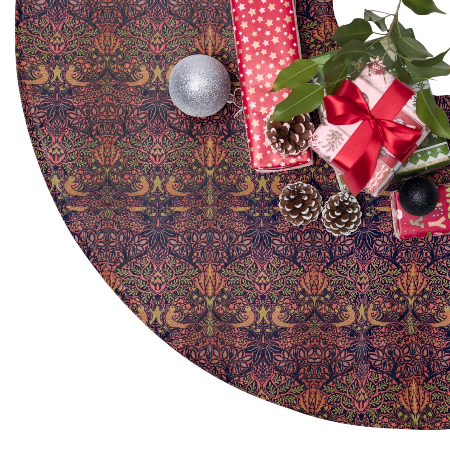 Decorative Christmas tree skirt with presents and ornaments on a white background