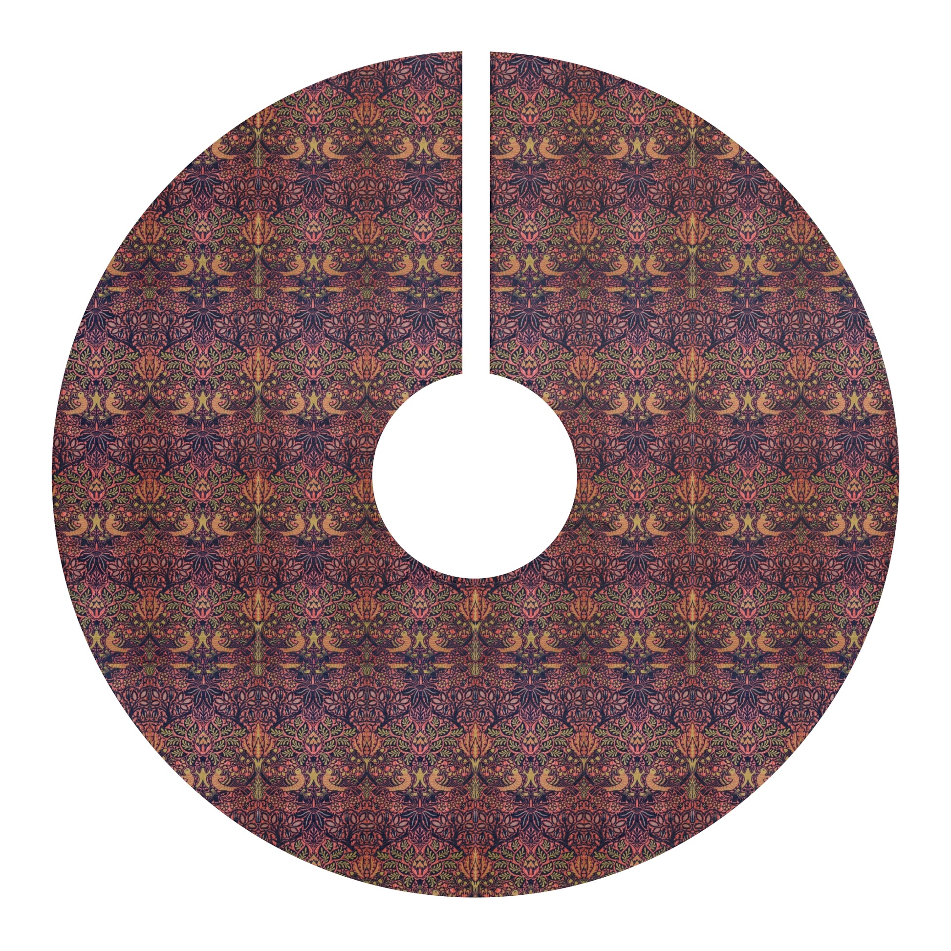 Decorative tree skirt with intricate pattern on a white background