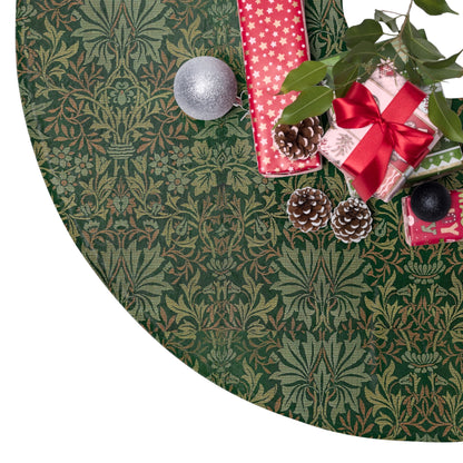 Decorative green tree skirt with Christmas presents and ornaments on a white background