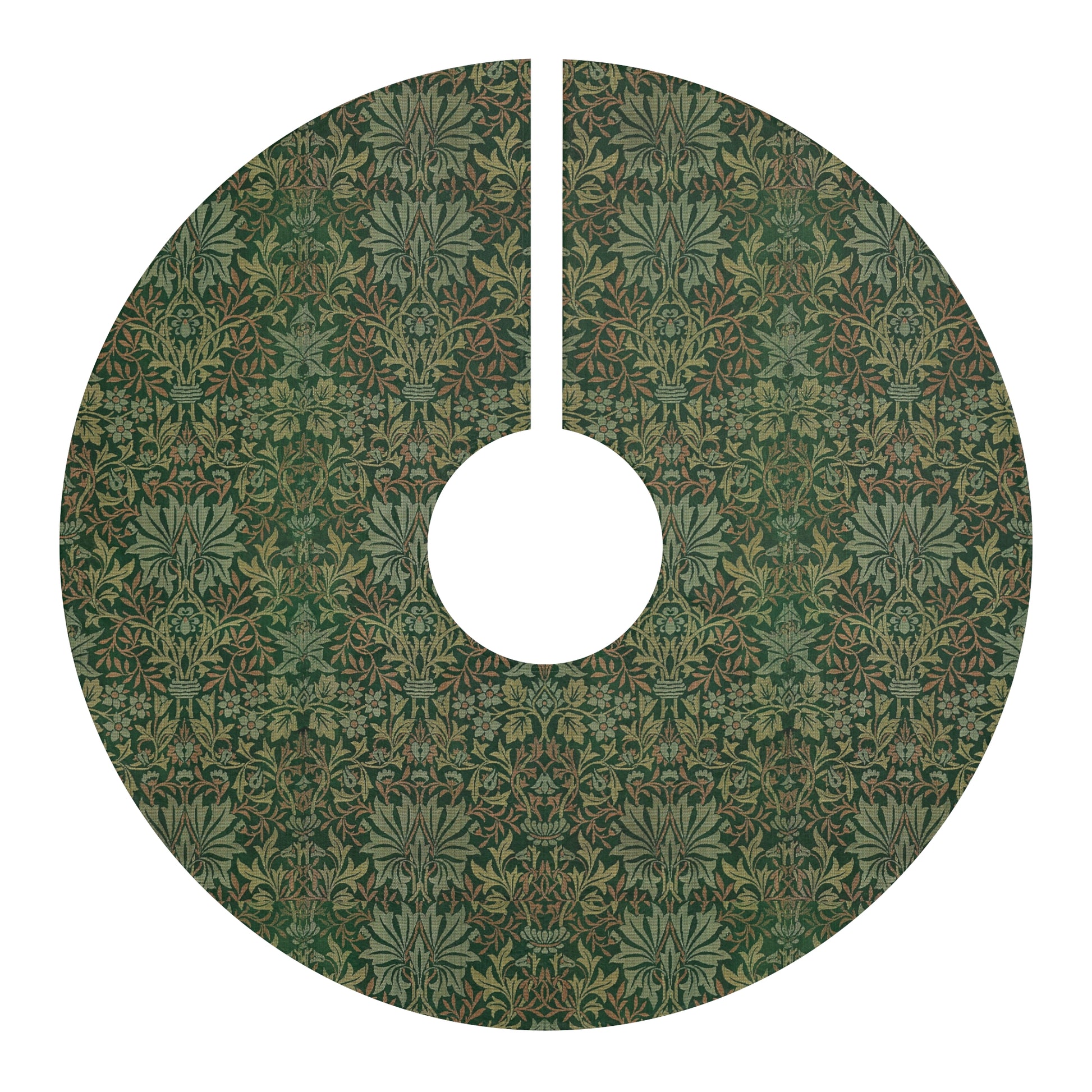 Green patterned Christmas tree skirt on a white background
