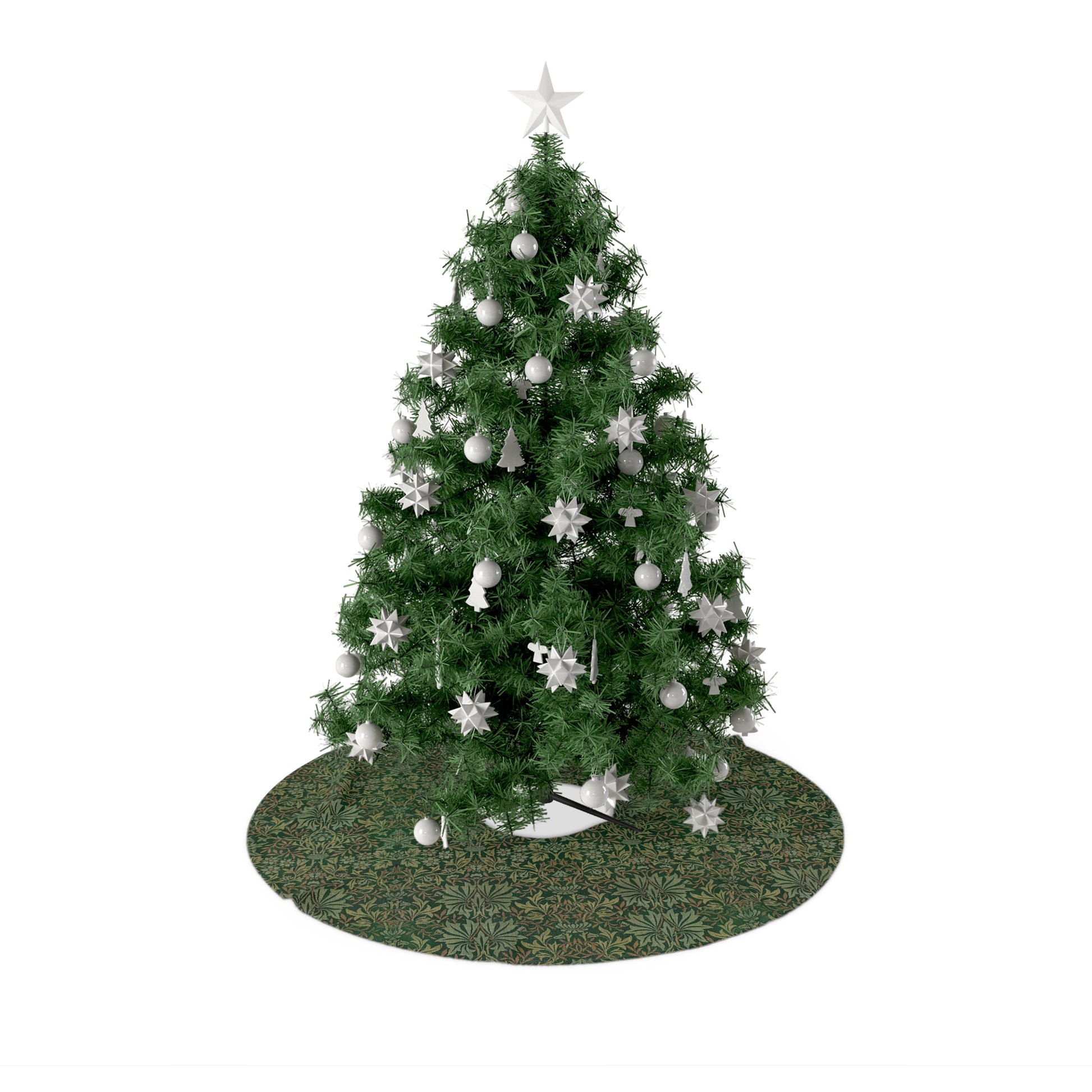Decorated Christmas tree with white ornaments on a white background