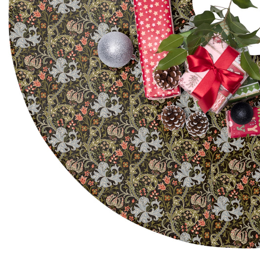 Decorative Christmas tree skirt with a pattern of ghosts, trees, and presents.