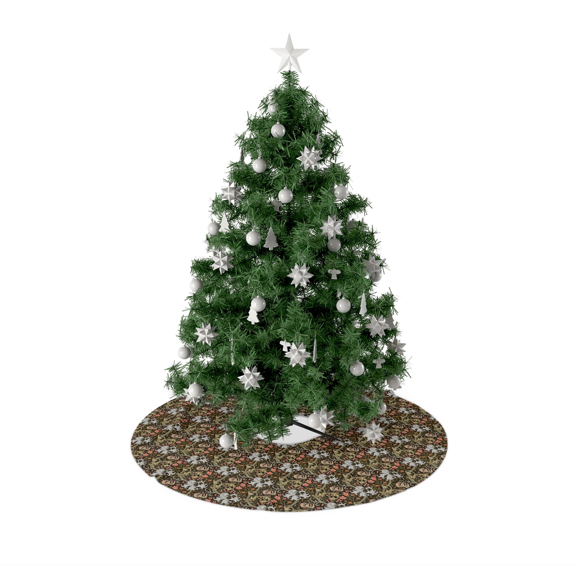 Decorated Christmas tree with a floral-patterned base on a white background