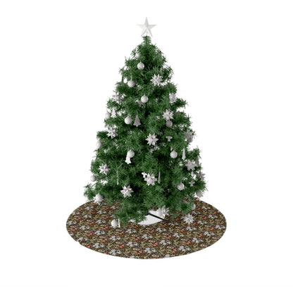 Decorated Christmas tree with a floral-patterned base on a white background