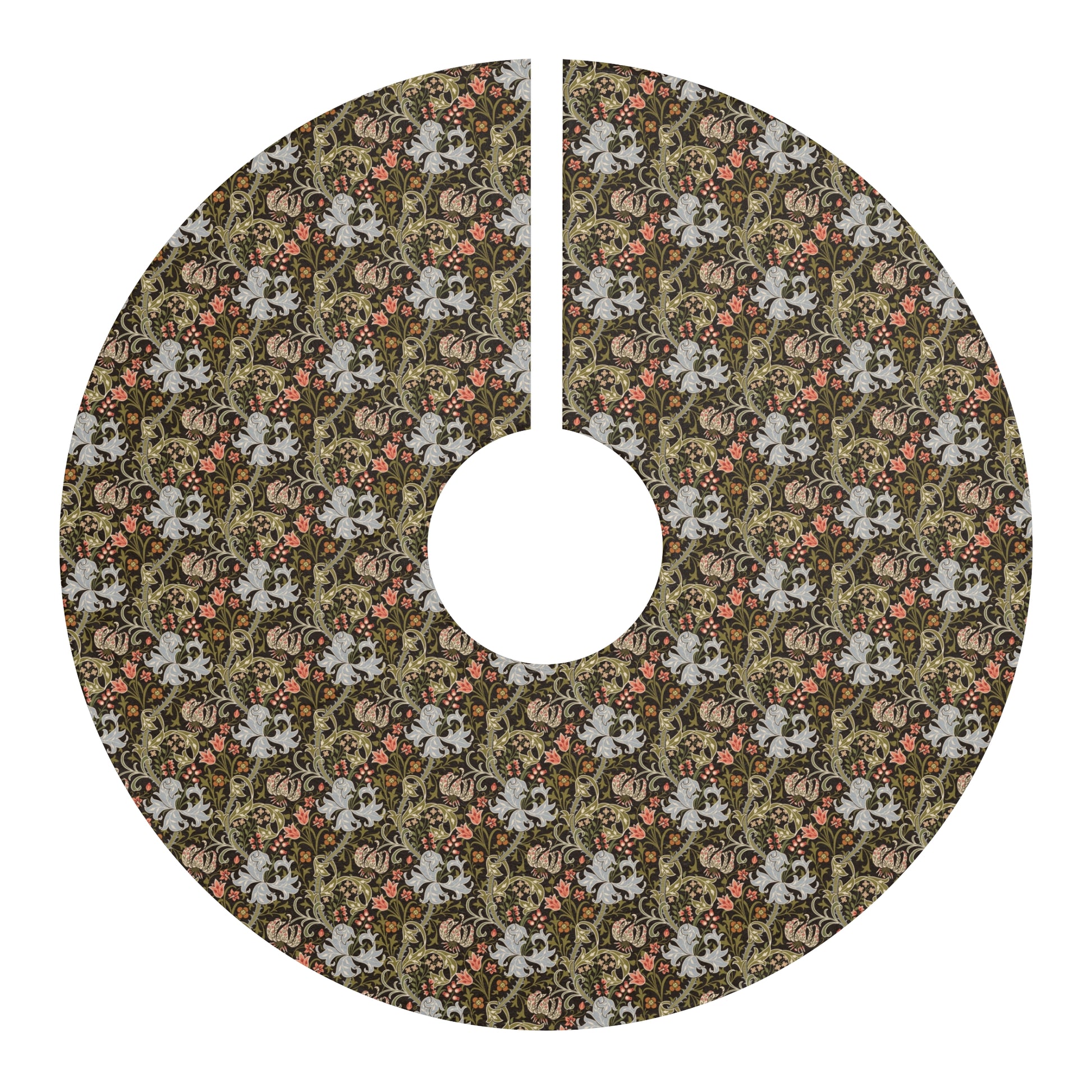 Decorative tree skirt with floral pattern on a white background
