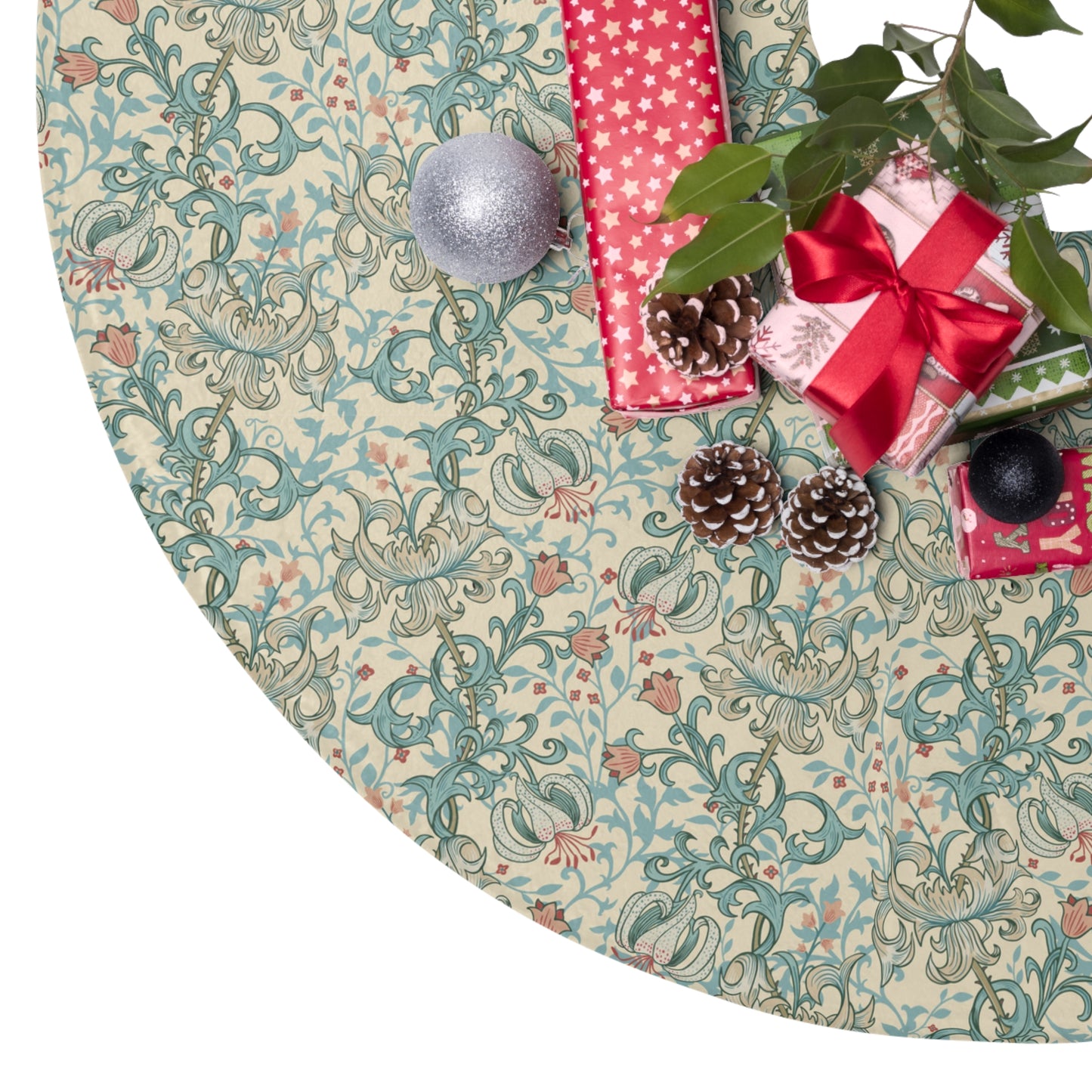 Decorative Christmas tree skirt with festive elements on a white background