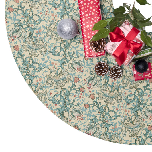 Decorative Christmas tree skirt with festive elements on a white background