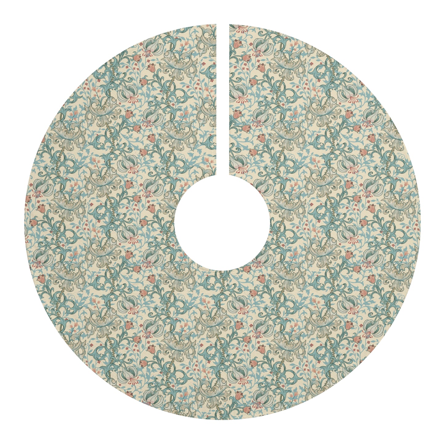 Floral patterned Christmas tree skirt on a white background