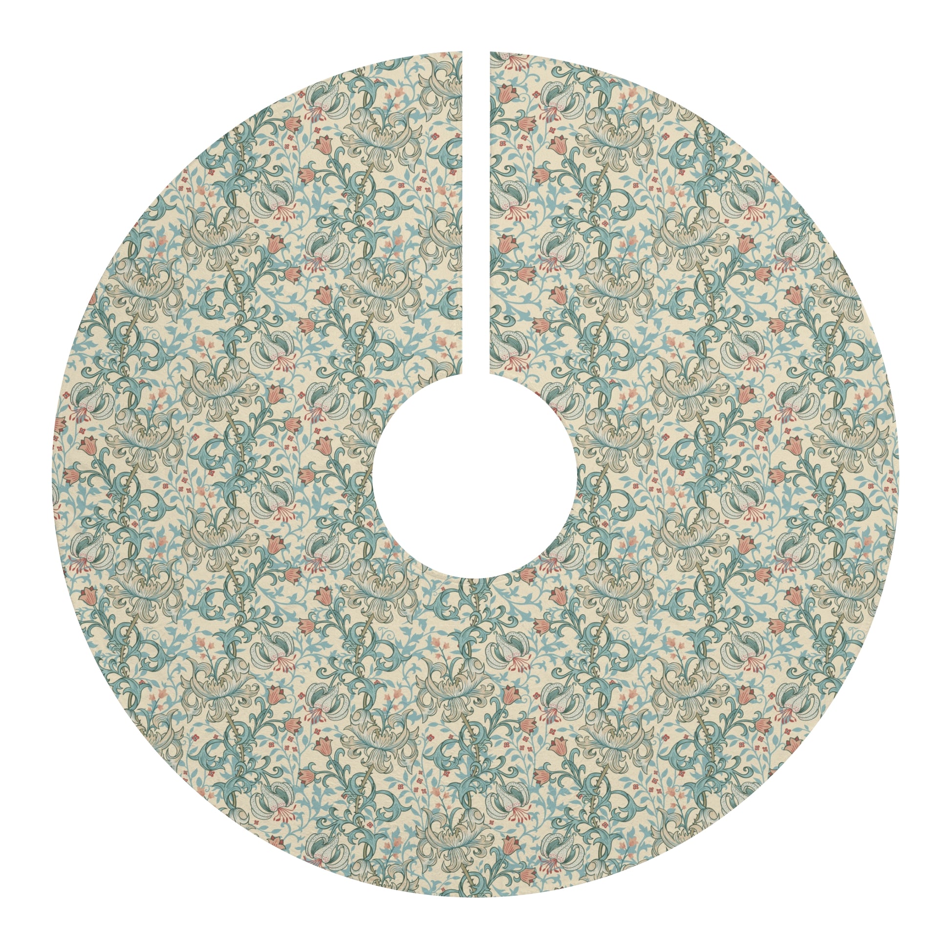 Floral patterned Christmas tree skirt on a white background